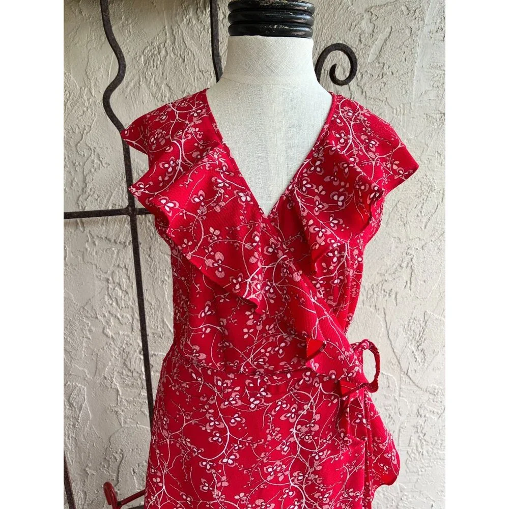 Max Studio Bubble Cream Wrap Dress Size Large Ruffle Sleeveless Red 93615 - Picture 3 of 7